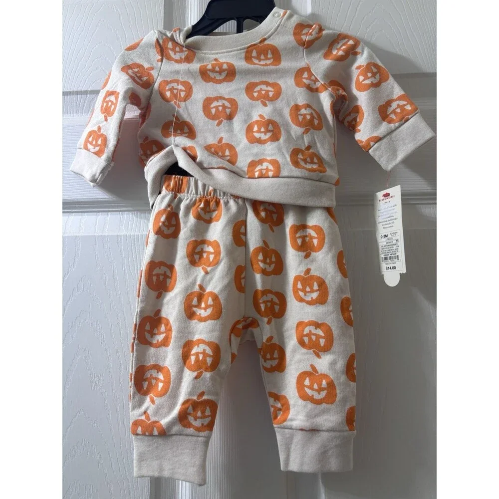 Cat & Jack Baby Halloween Pumpkin Outfit Set 0-3M NWT 2 Pc Unisex Fall